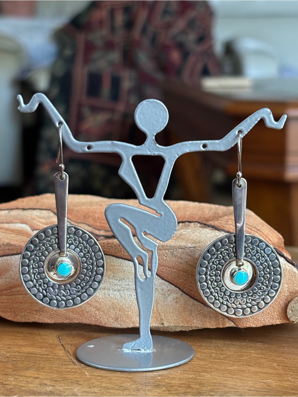 Vintage Amparo 925 Silver & Genuine Turquoise Disc Drop Earrings